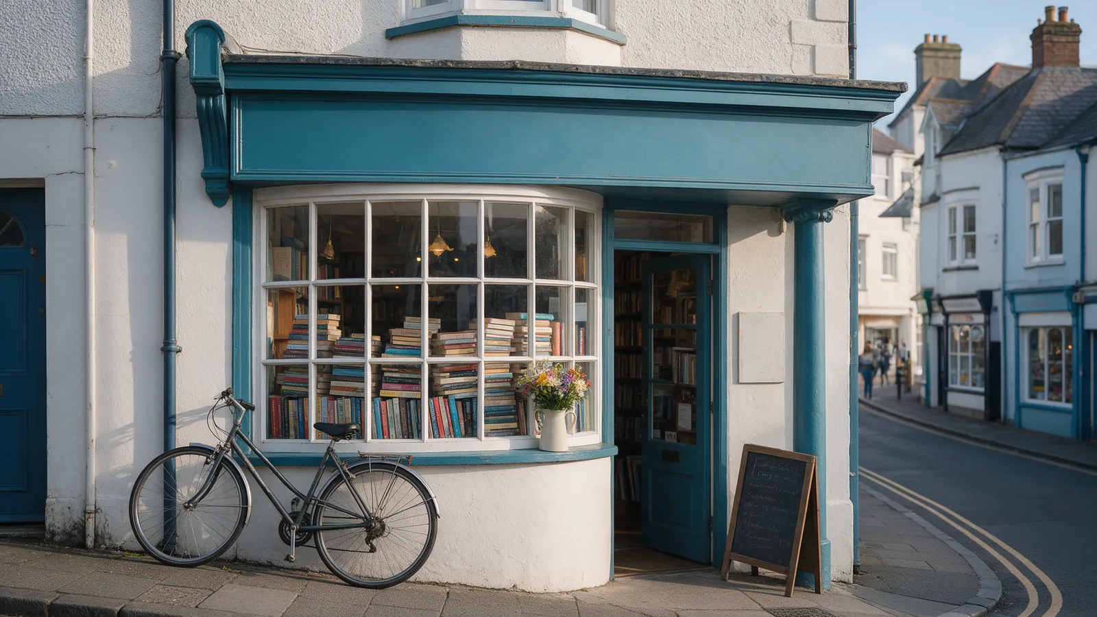 A teal-painted independent bookshop front on a Penarth street with a bay window full of books, a bicycle leaning outside and a chalkboard by the door