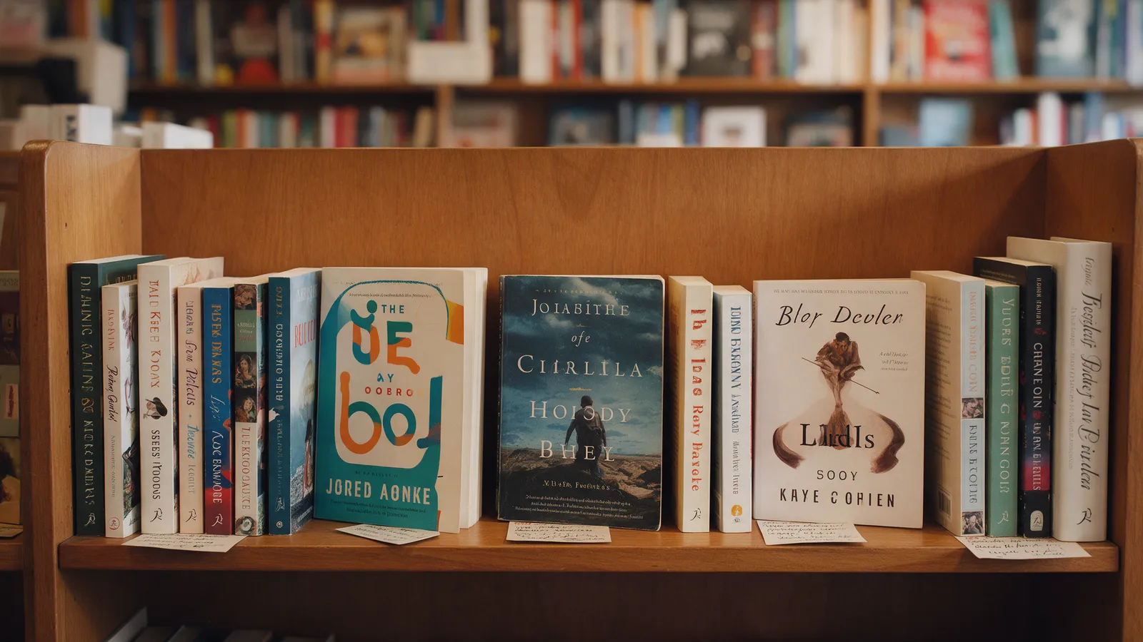 A staff picks shelf in an independent bookshop: eight books face out on a wooden shelf, each with a small handwritten card tucked beneath it