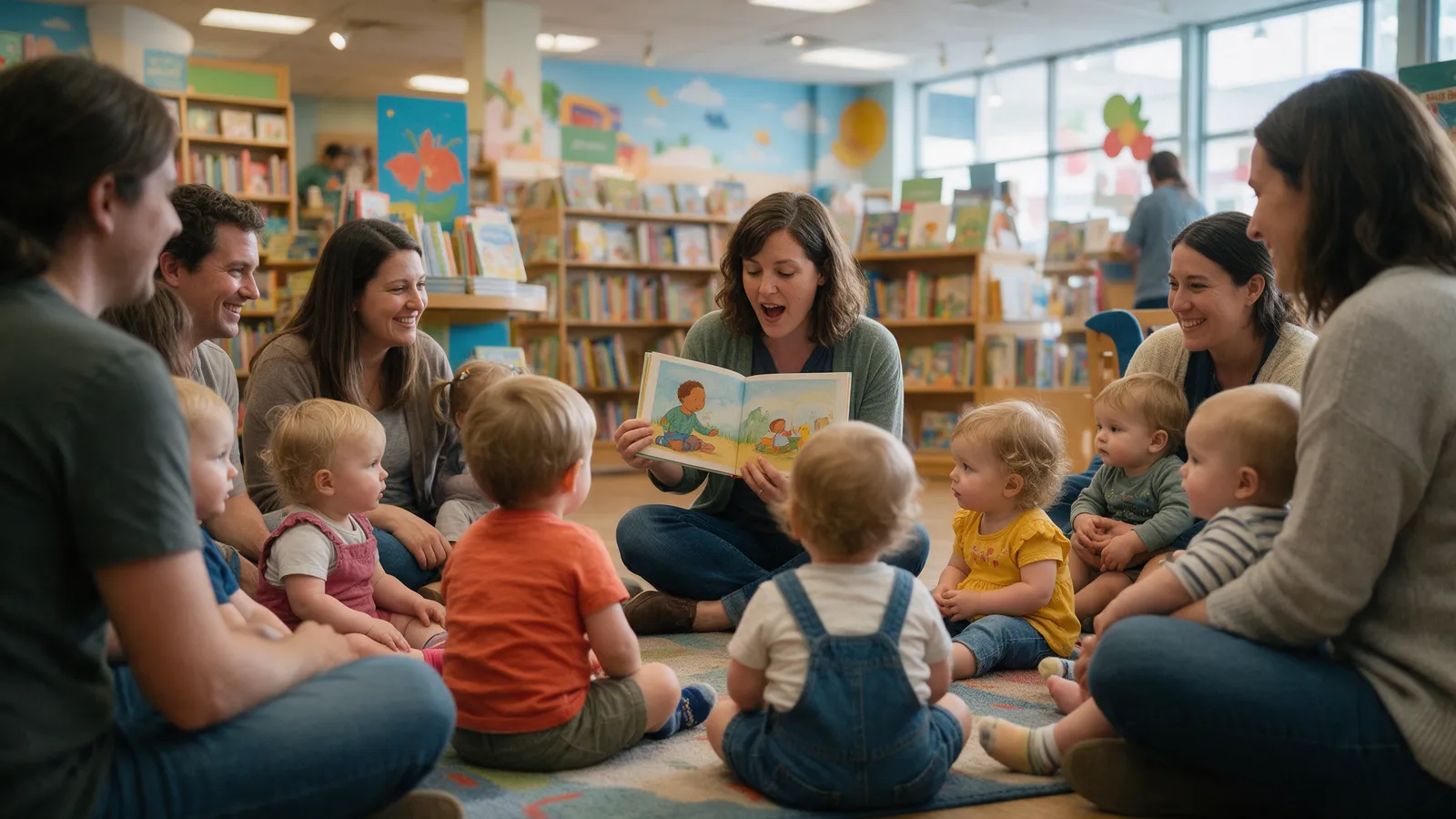 A storytime session in the children's corner of a bookshop: a bookseller reading a picture book to a circle of toddlers and parents on a rug