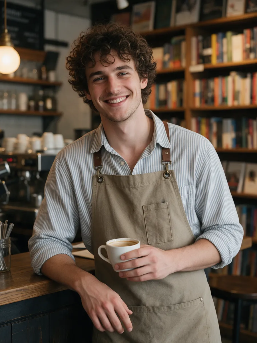Rhodri Evans, a young man in his mid-twenties with curly hair in a canvas apron over a striped shirt, leaning on a bookshop café counter with a coffee cup