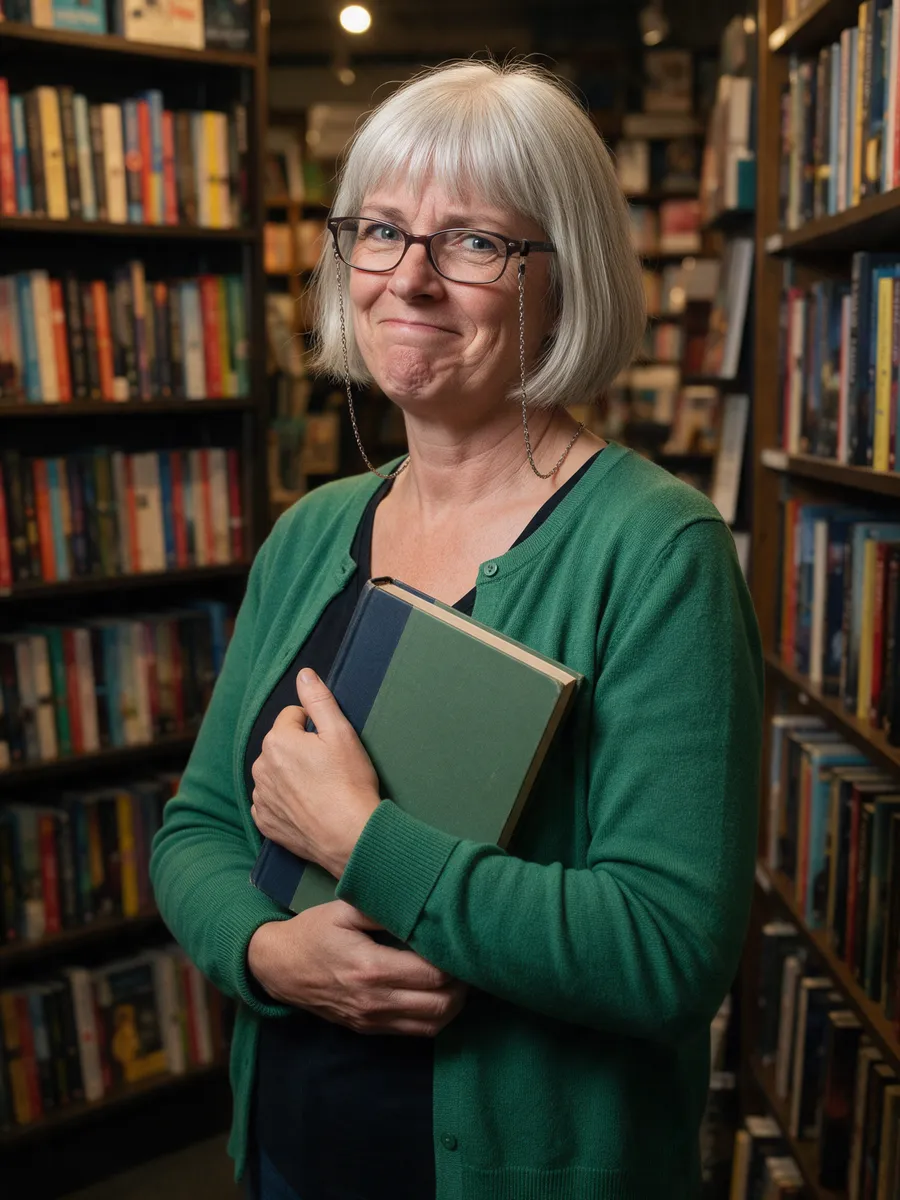 Ceridwen Hughes, a Welsh woman in her mid-fifties with silver bobbed hair and glasses on a chain, in a green cardigan, holding a hardback between tall bookshelves