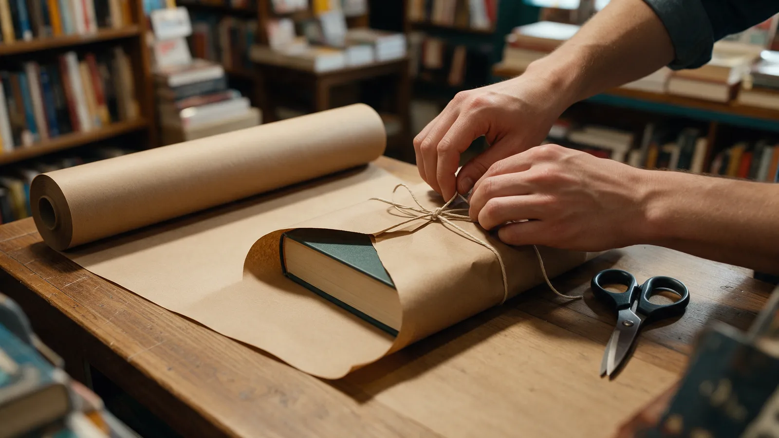 Hands wrapping a hardback book in brown paper and tying it with string at a wooden bookshop counter