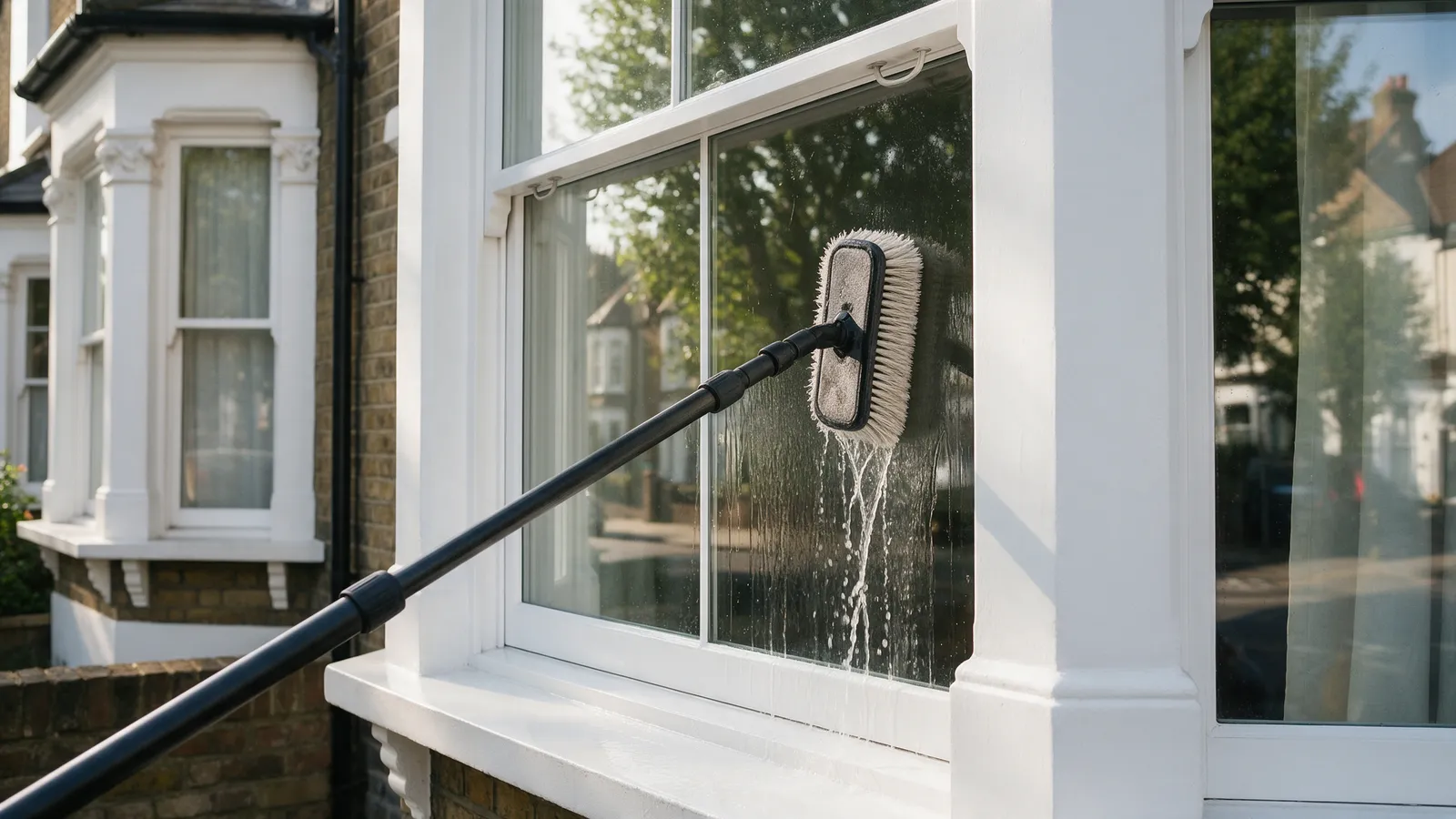 A soft brush on a water-fed pole scrubbing a ground-floor bay window of a Victorian terrace, pure water sheeting down the glass and the sill bright white