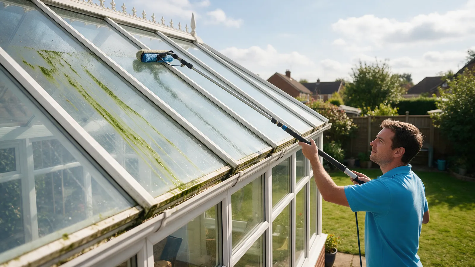 A window cleaner in a sky-blue polo shirt washing the glass roof of a large conservatory with a long water-fed pole, green algae half washed away