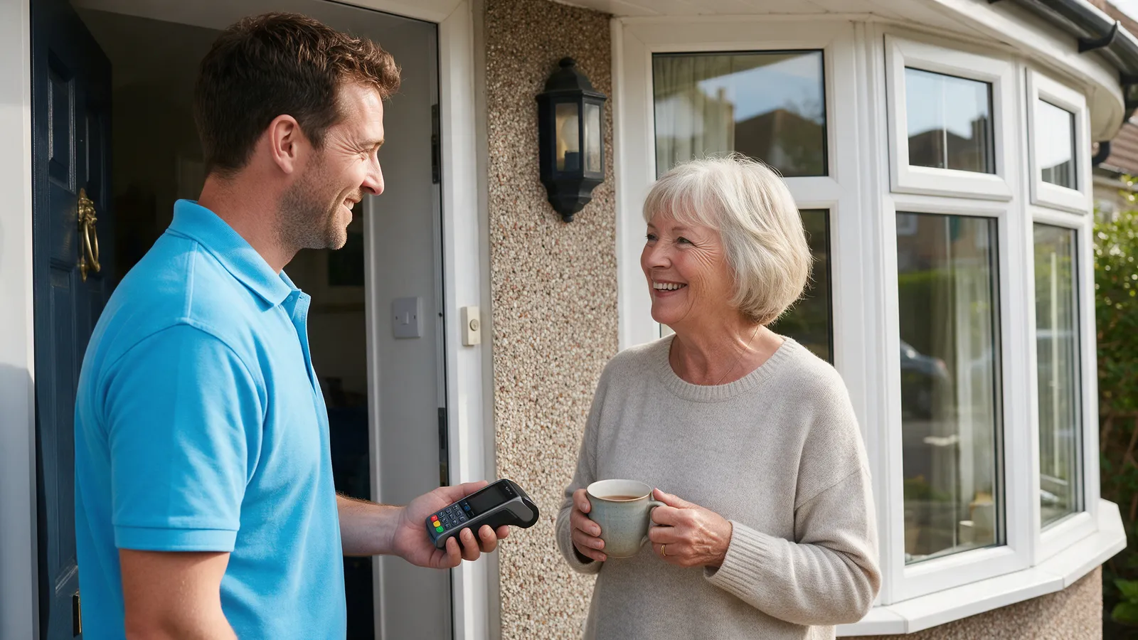 A window cleaner in a sky-blue polo shirt at a front door chatting with a smiling older woman holding a mug of tea, a card reader in his hand, a gleaming bay window beside them