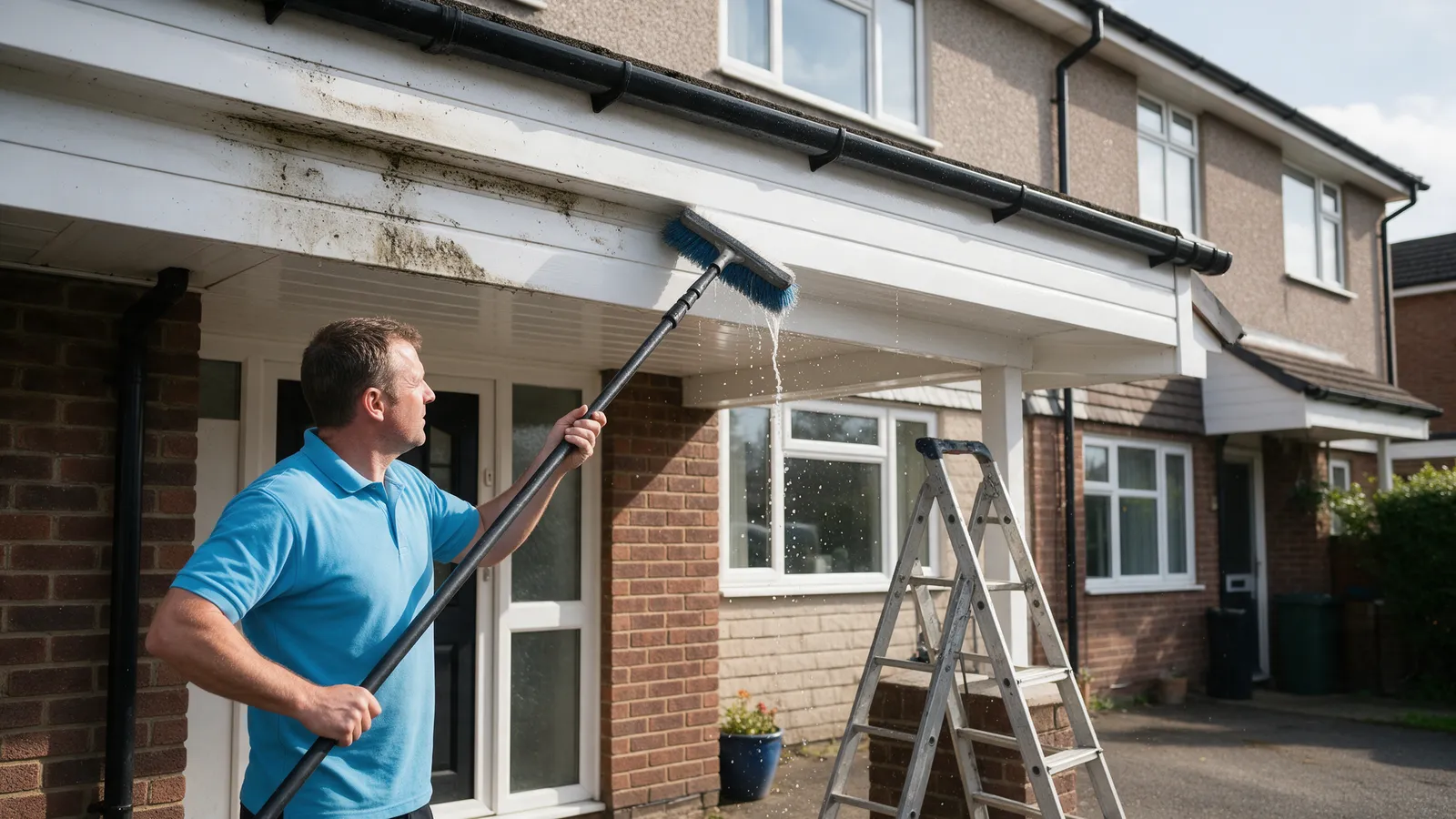 A cleaner in a sky-blue polo shirt washing white uPVC fascias and soffits with a brush on a pole, grime washing off to bright white, a ladder footed on the drive