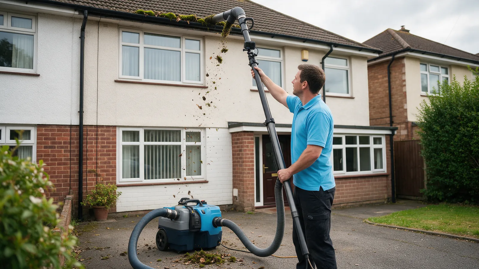 A worker in a sky-blue polo shirt using a tall gutter vacuum pole with a camera attachment to clear moss and leaves from the gutter of a semi-detached house