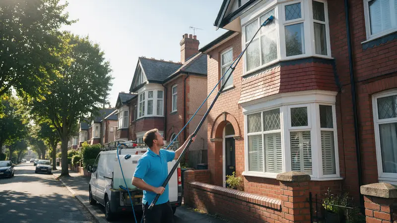 A window cleaner in a sky-blue polo shirt using a tall water-fed pole to wash the upstairs bay windows of a red-brick Edwardian semi on a tree-lined Cardiff street, a white van behind him