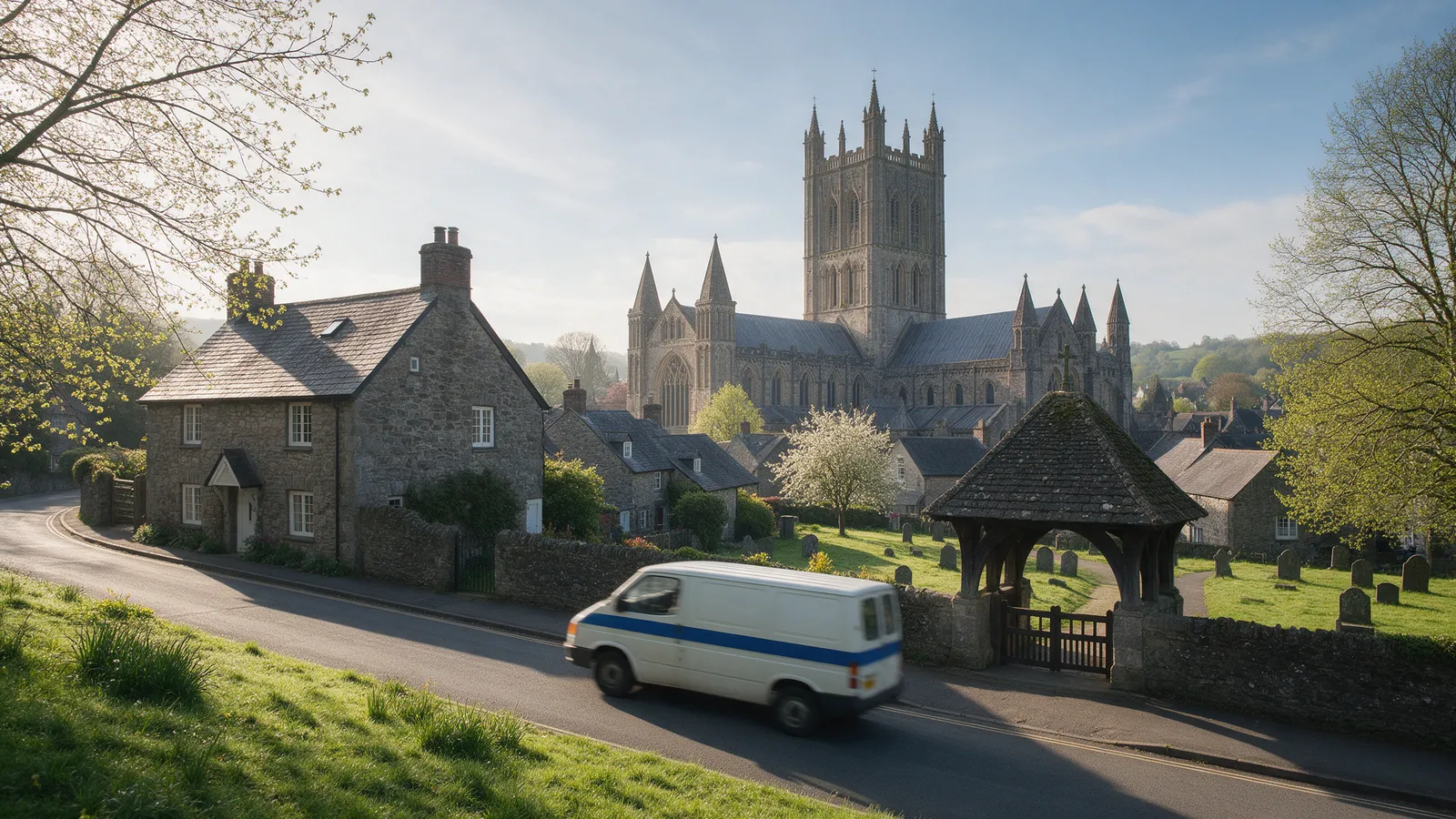 The green and the medieval cathedral of Llandaff with stone cottages and a lych gate, a white van with a blue stripe passing on the lane