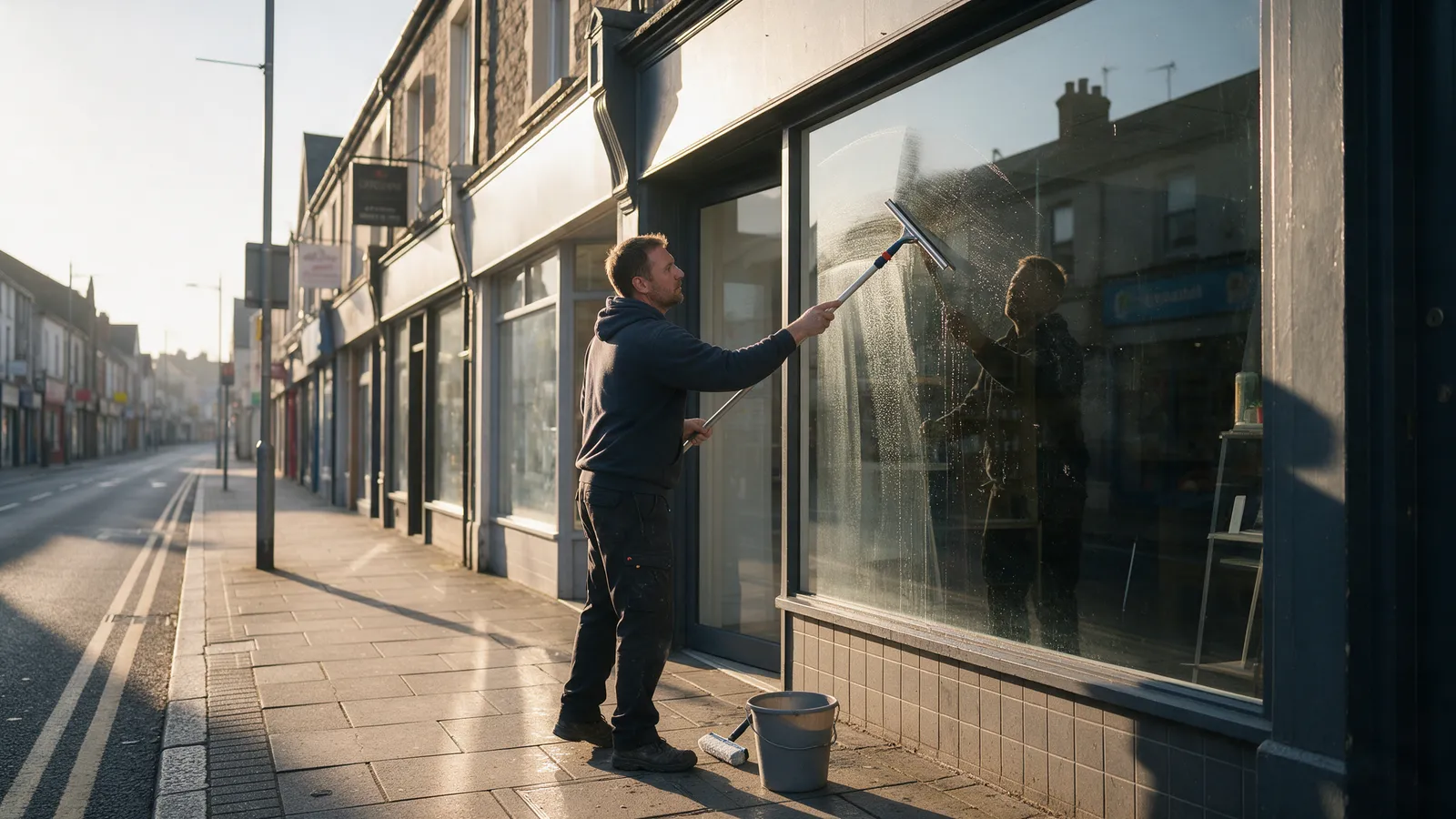 A window cleaner squeegeeing the large plate-glass front of an independent shop on a Cardiff high street at seven in the morning, the street empty
