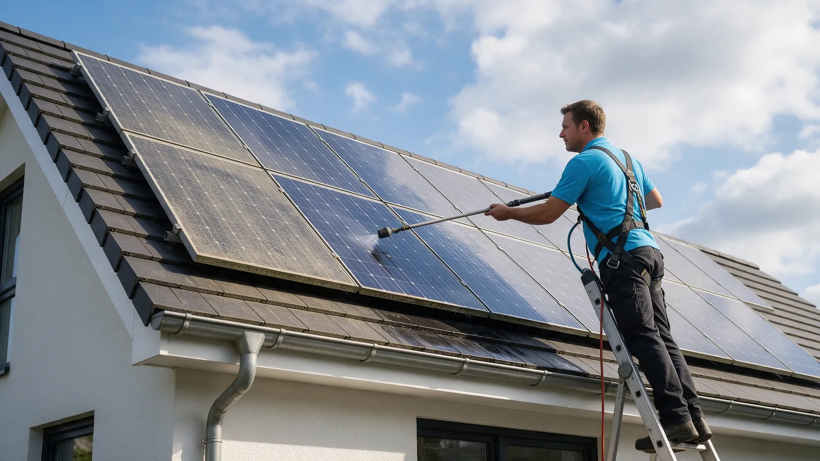 A row of solar panels on a pitched roof being washed with a water-fed pole from a ladder, the washed panels gleaming and the others dusty under a blue sky