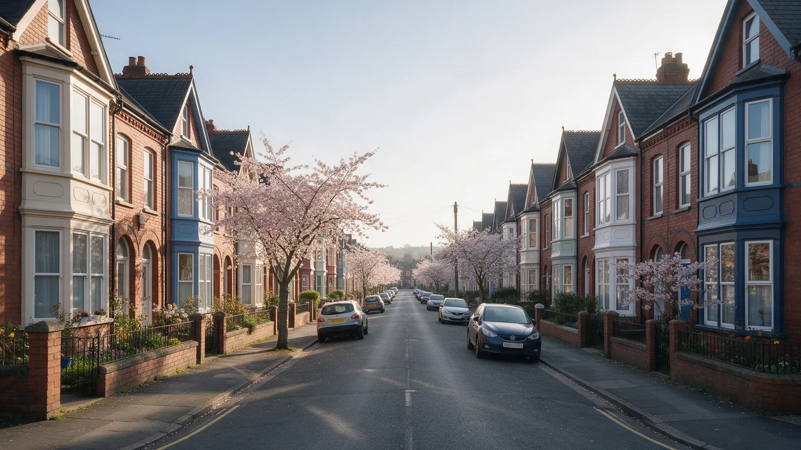 A long street of Victorian red-brick terraced houses with painted bay windows and small front gardens in a Cardiff suburb, cherry trees in blossom