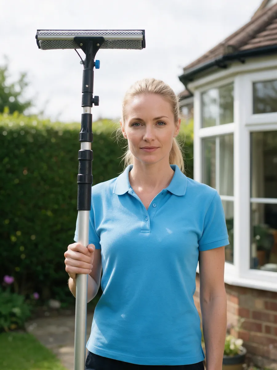 Lowri Bevan, a woman in her early thirties with blonde hair in a ponytail, in a sky-blue polo shirt holding a water-fed pole upright in front of a hedge and a bay window