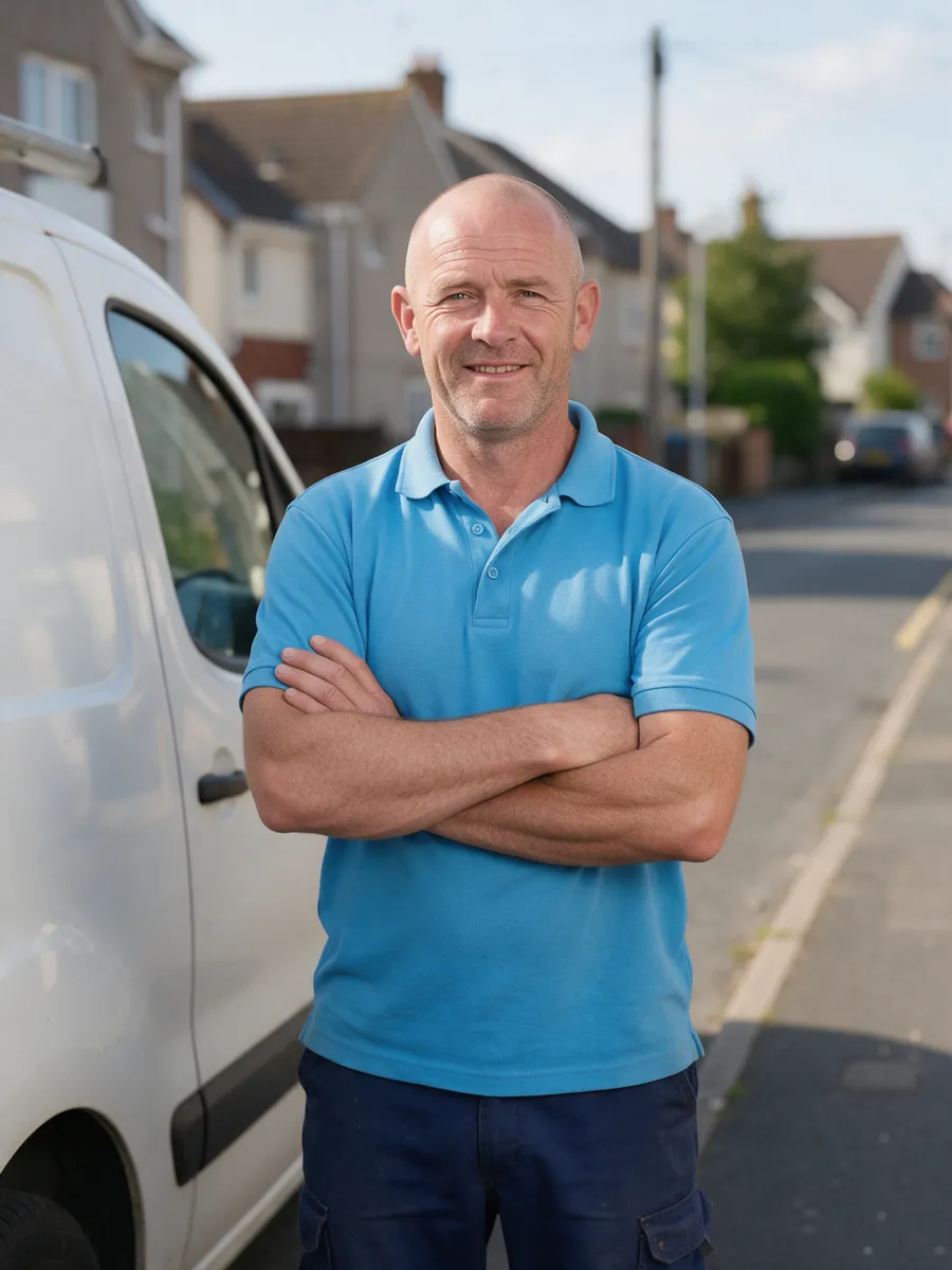 Rhys Howell, a Welsh man in his mid-forties with a shaved head and a friendly weathered face, in a sky-blue polo shirt, arms folded beside a white van on a residential street