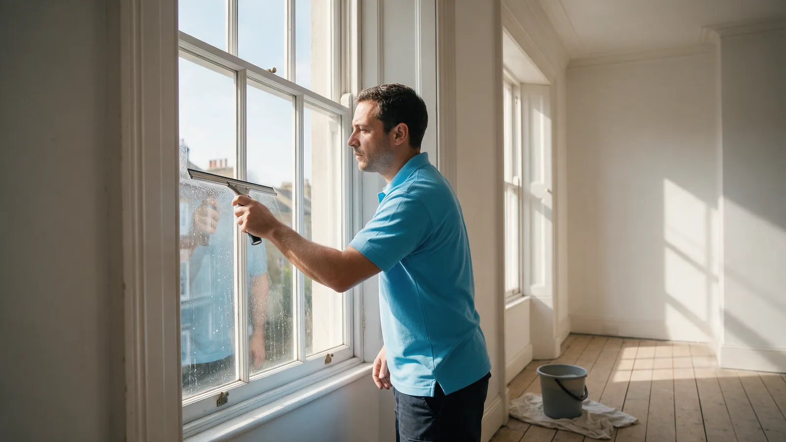 Inside an empty freshly painted flat, a cleaner in a sky-blue polo shirt squeegeeing the inside of a tall sash window with light pouring in