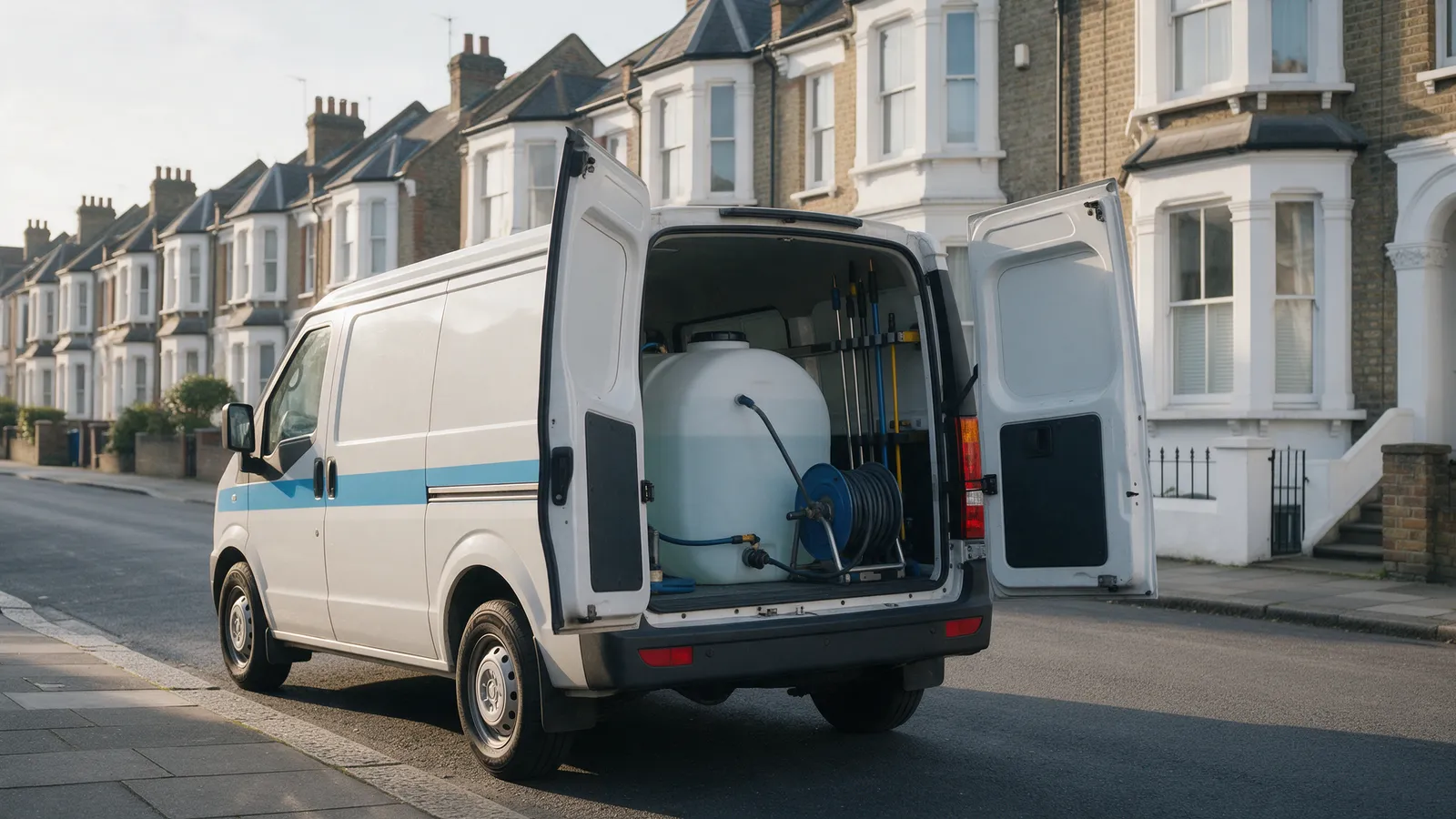 A clean white van with a sky-blue side stripe, rear doors open to a pure-water tank, a hose reel and racked poles, on a street of Victorian terraces