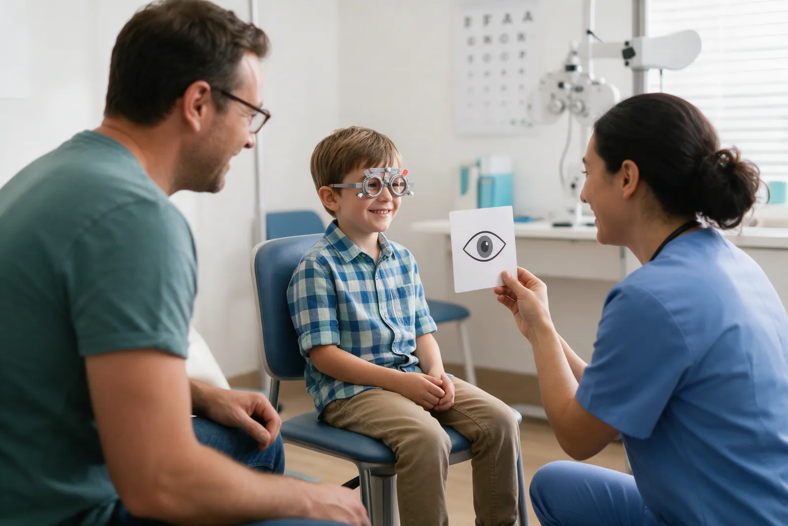 A child of about seven having an eye test, wearing trial frames and smiling, an optometrist kneeling at eye level holding a picture card while a parent watches