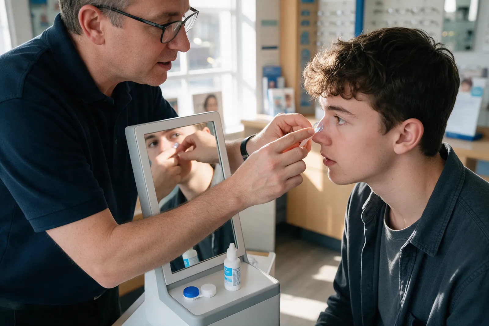 An optical assistant teaching a young man to put in a contact lens at a small mirrored teaching station in an opticians