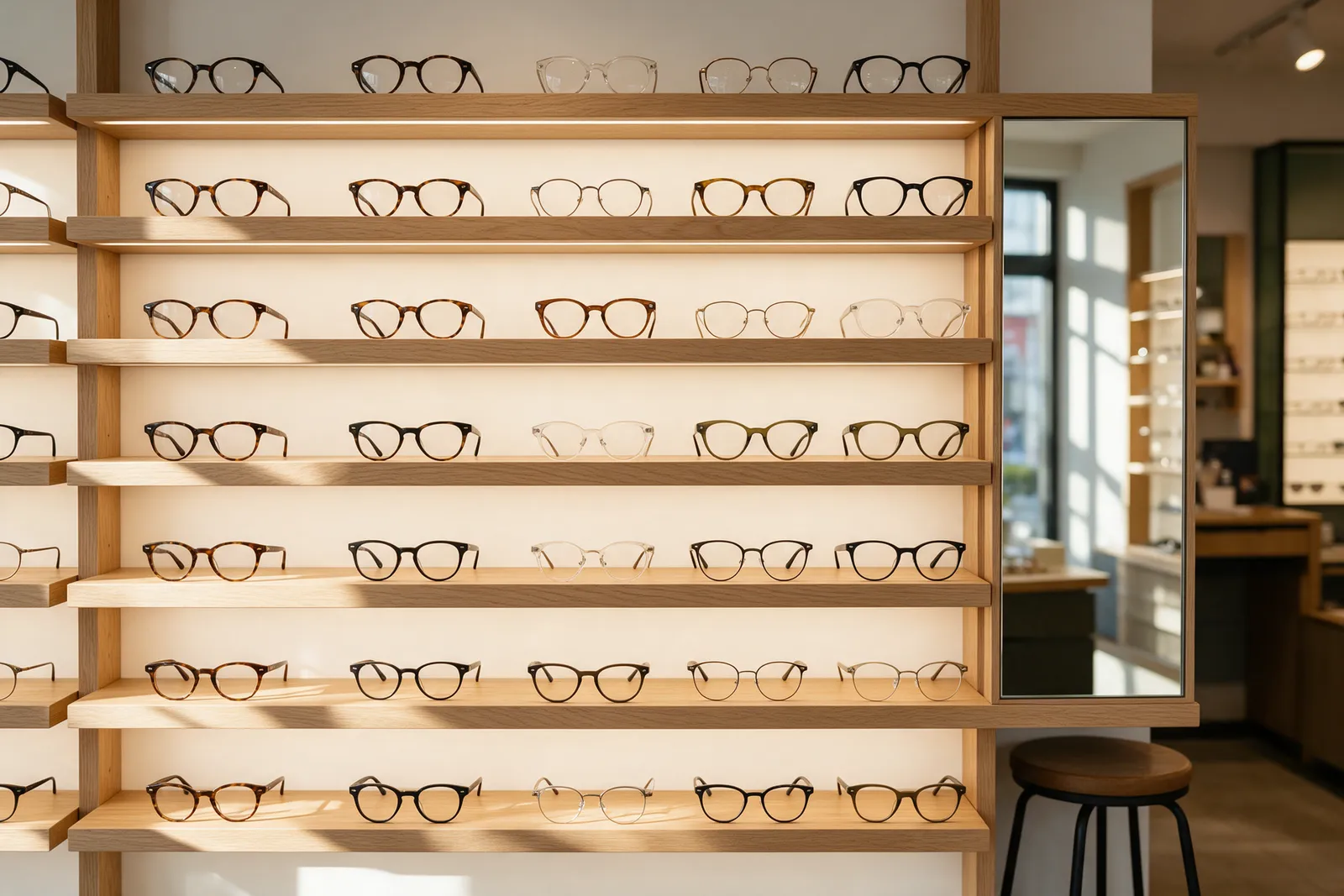 A wall of spectacle frames on backlit pale oak shelves in a modern opticians, rows of acetate and metal frames in tortoiseshell, black, crystal and olive