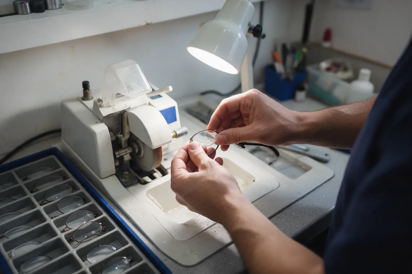 A dispensing optician's hands fitting a cut lens into a frame at a glazing bench in a small optical workshop