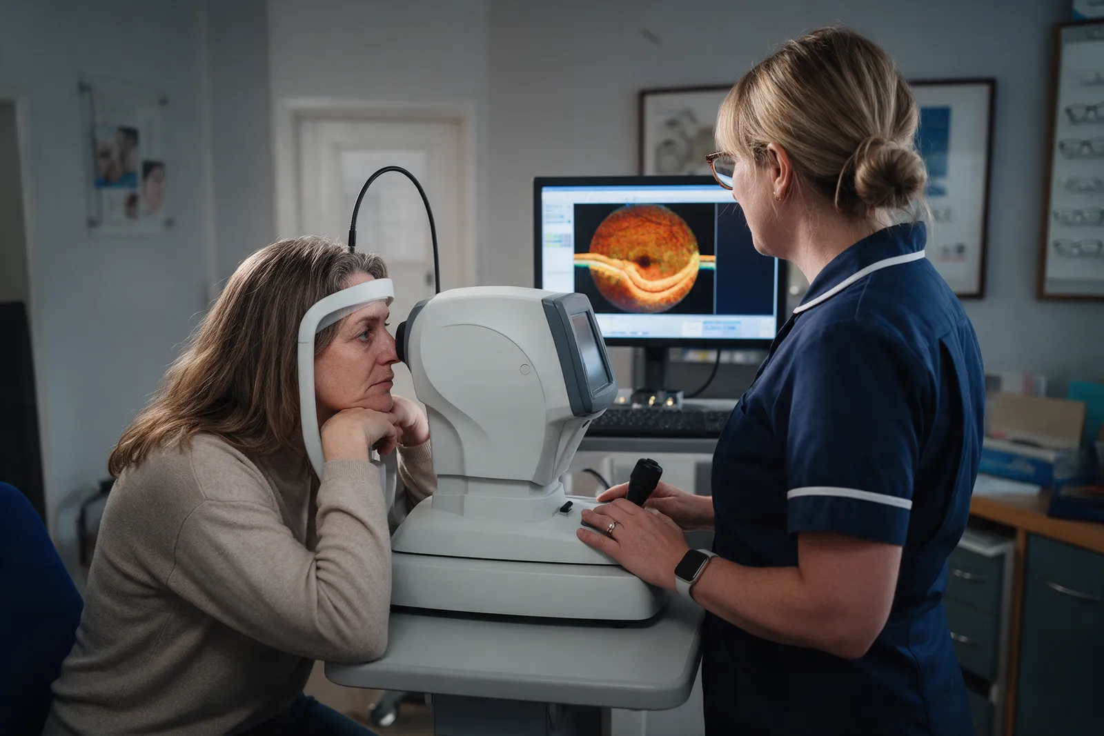 A patient resting her chin on an OCT retinal scanner in an opticians consulting room, the optometrist beside her looking at a screen showing a retinal scan
