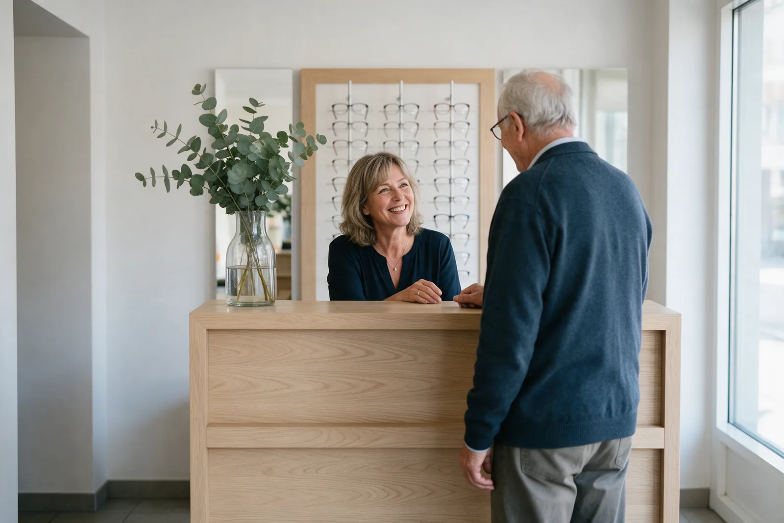 A calm opticians reception with a pale oak desk, a receptionist greeting an older man, a vase of eucalyptus and frames displayed behind