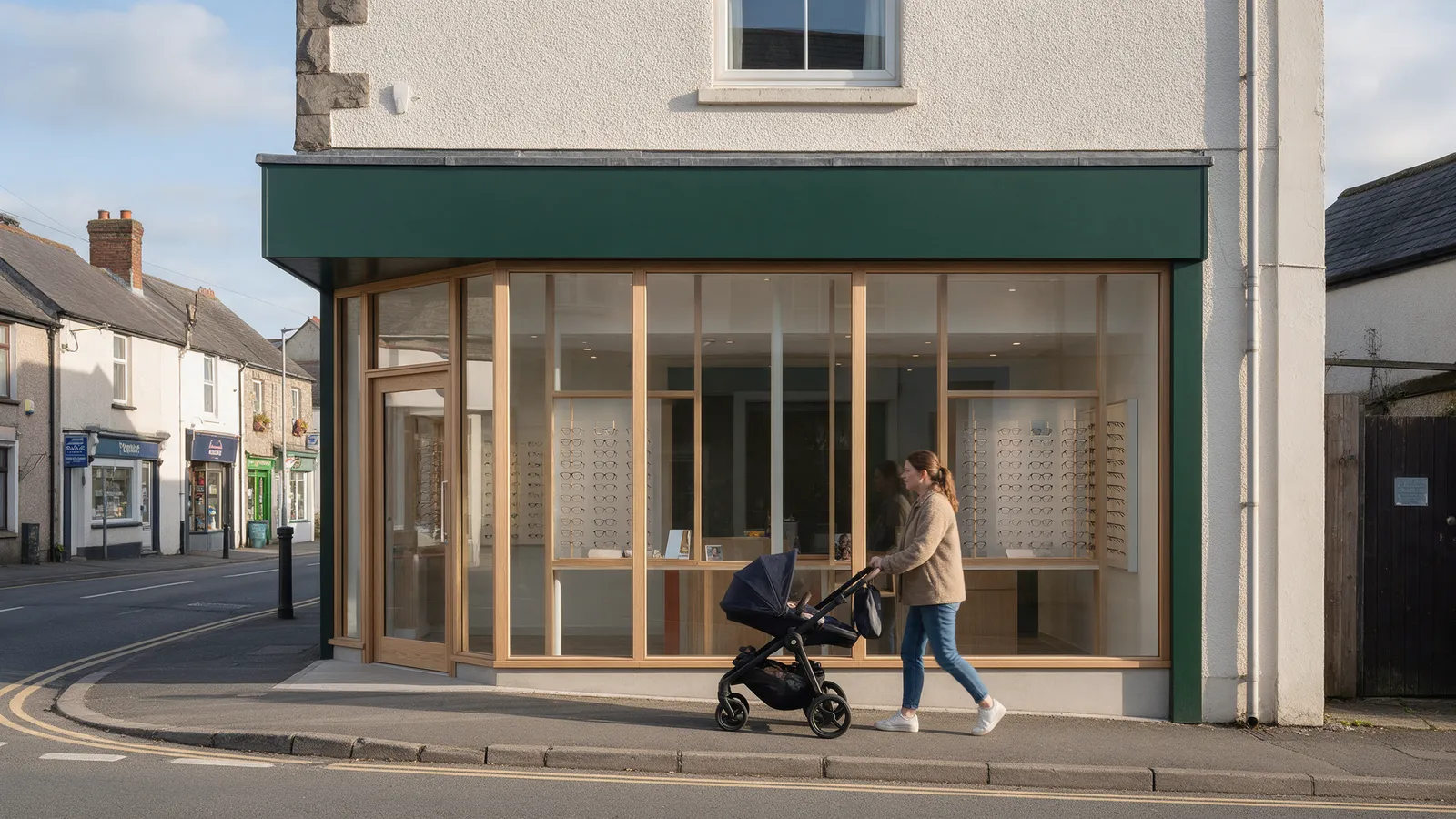 A modern independent opticians shopfront on a village high street with a full-height glass front, pale oak frames and a dark green fascia, a woman with a pushchair walking past