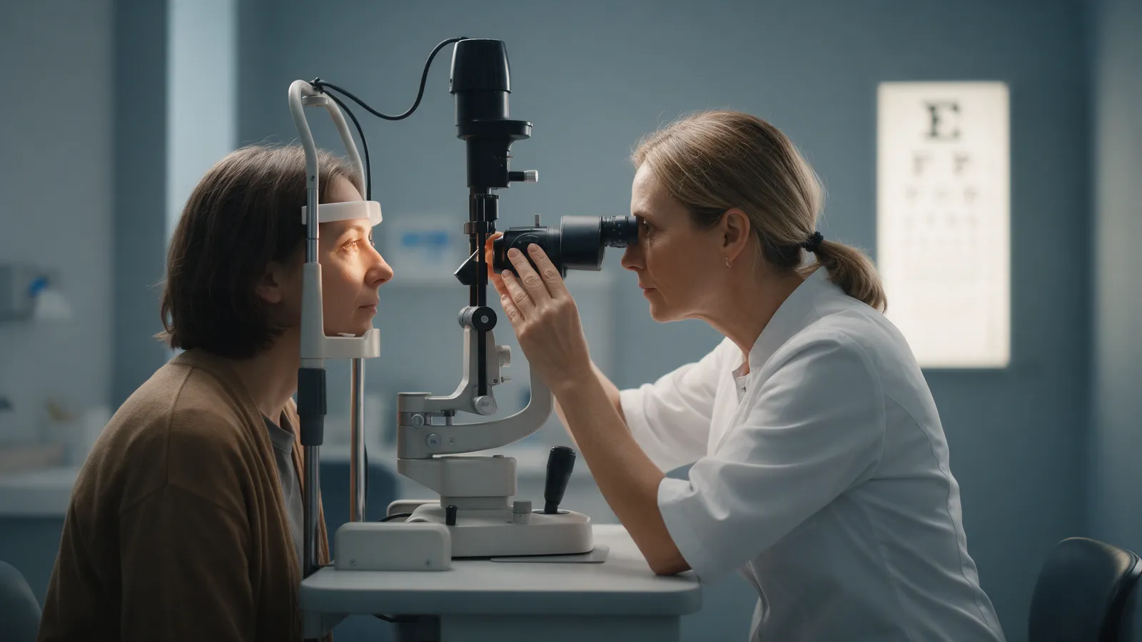 An optometrist in her forties in a white tunic examining a patient's eyes at a slit lamp in a modern eye-test room with soft blue-grey walls
