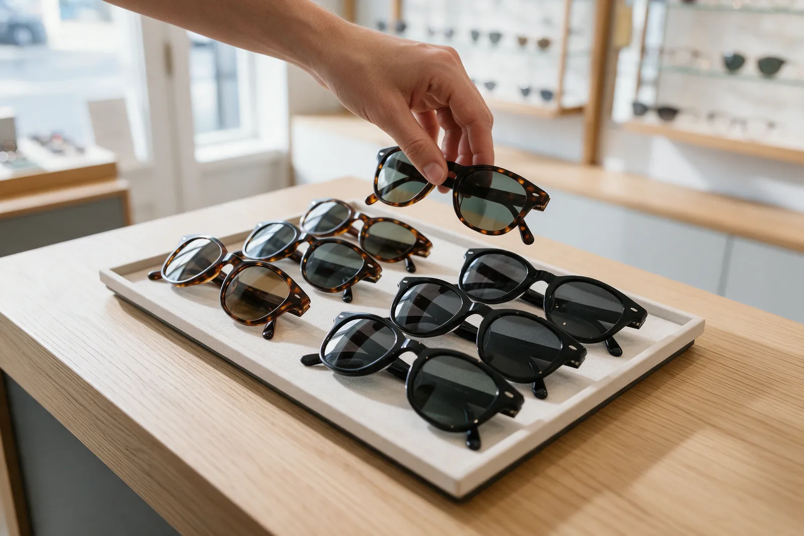 A display of polarised sunglasses in tortoiseshell and black frames on a pale oak counter