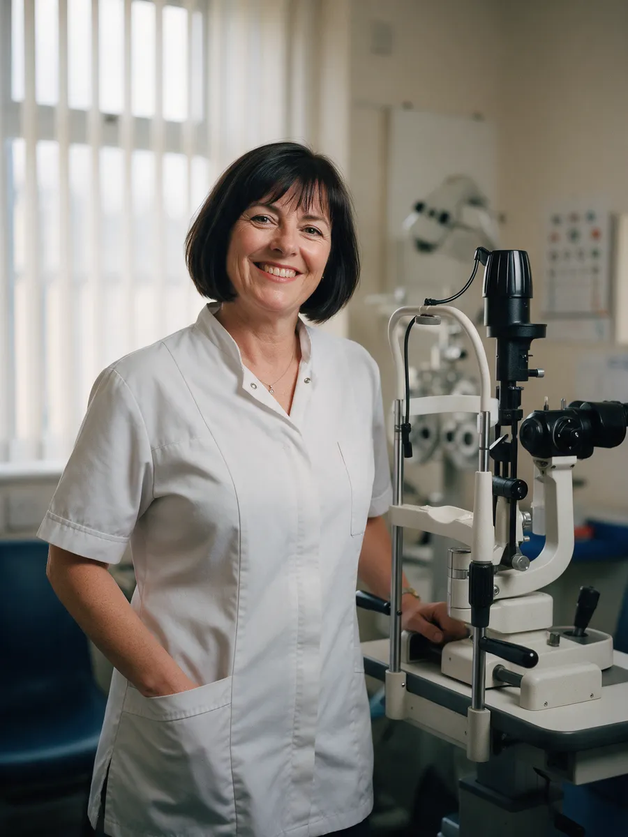 Elin Pryce, a woman in her mid-forties with dark bobbed hair in a white clinical tunic, standing in an eye-test room beside a slit lamp