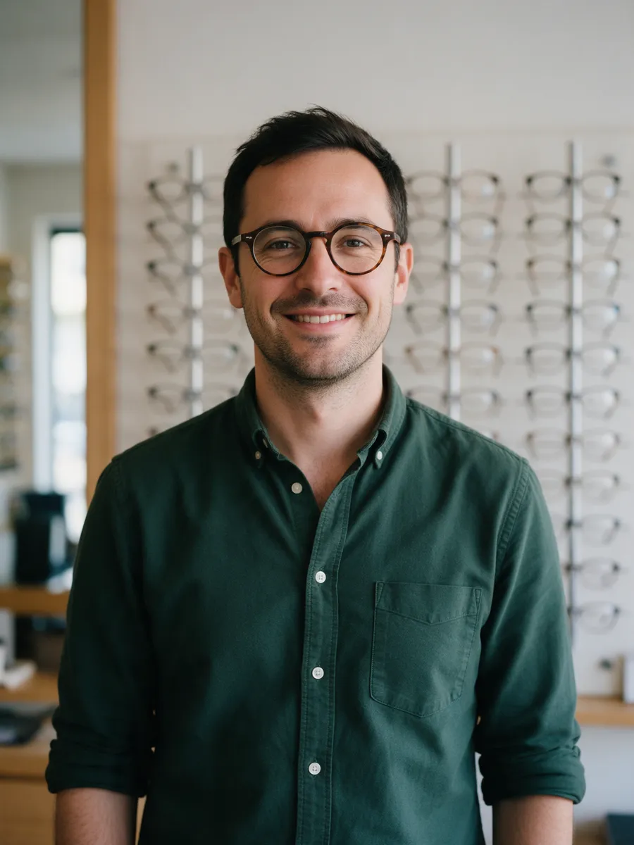 Josh Carter, a man in his mid-thirties with short dark hair and round tortoiseshell glasses in a dark green shirt, in front of a wall of spectacle frames