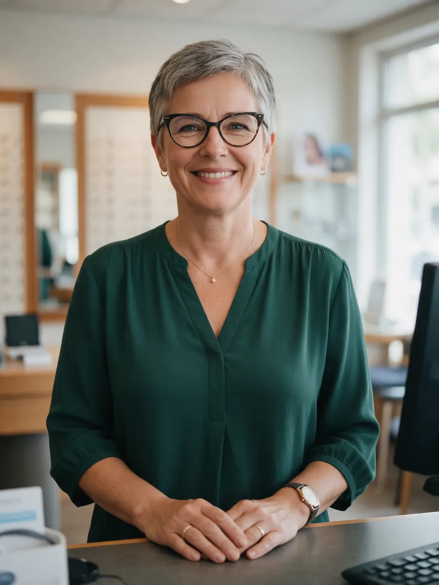 Val Thomas, a woman in her mid-fifties with short grey hair and cat-eye glasses in a dark green blouse, standing at an opticians reception desk