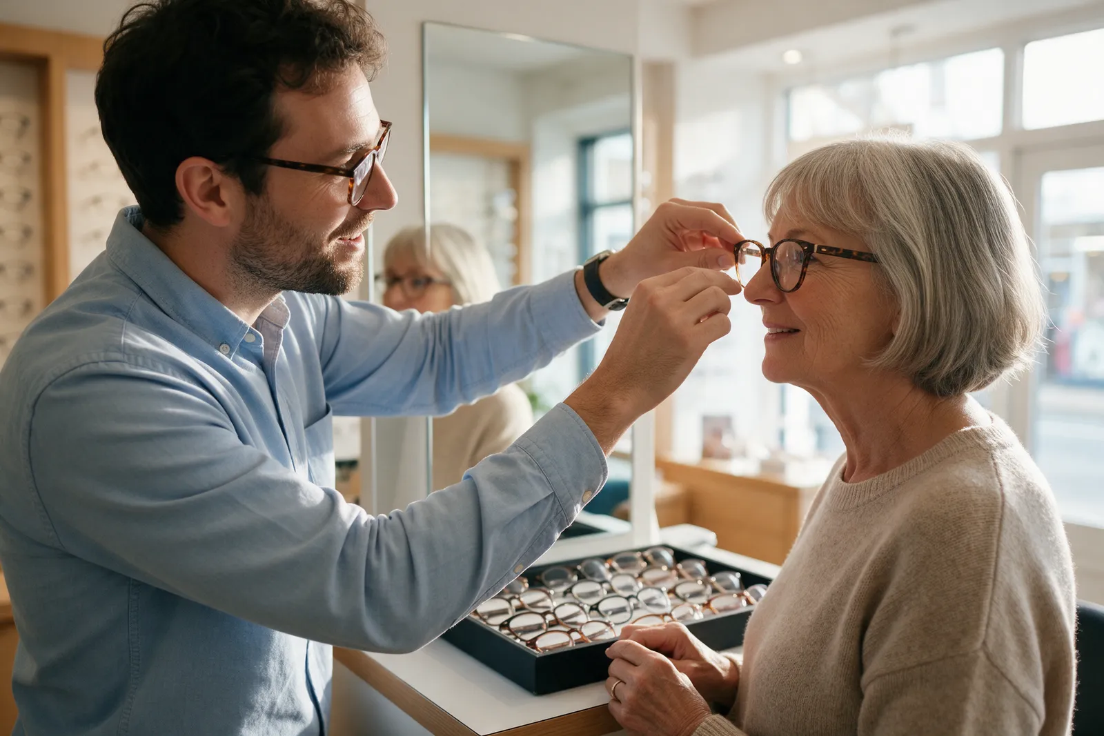 A dispensing optician helping a woman try on tortoiseshell frames in front of a mirror