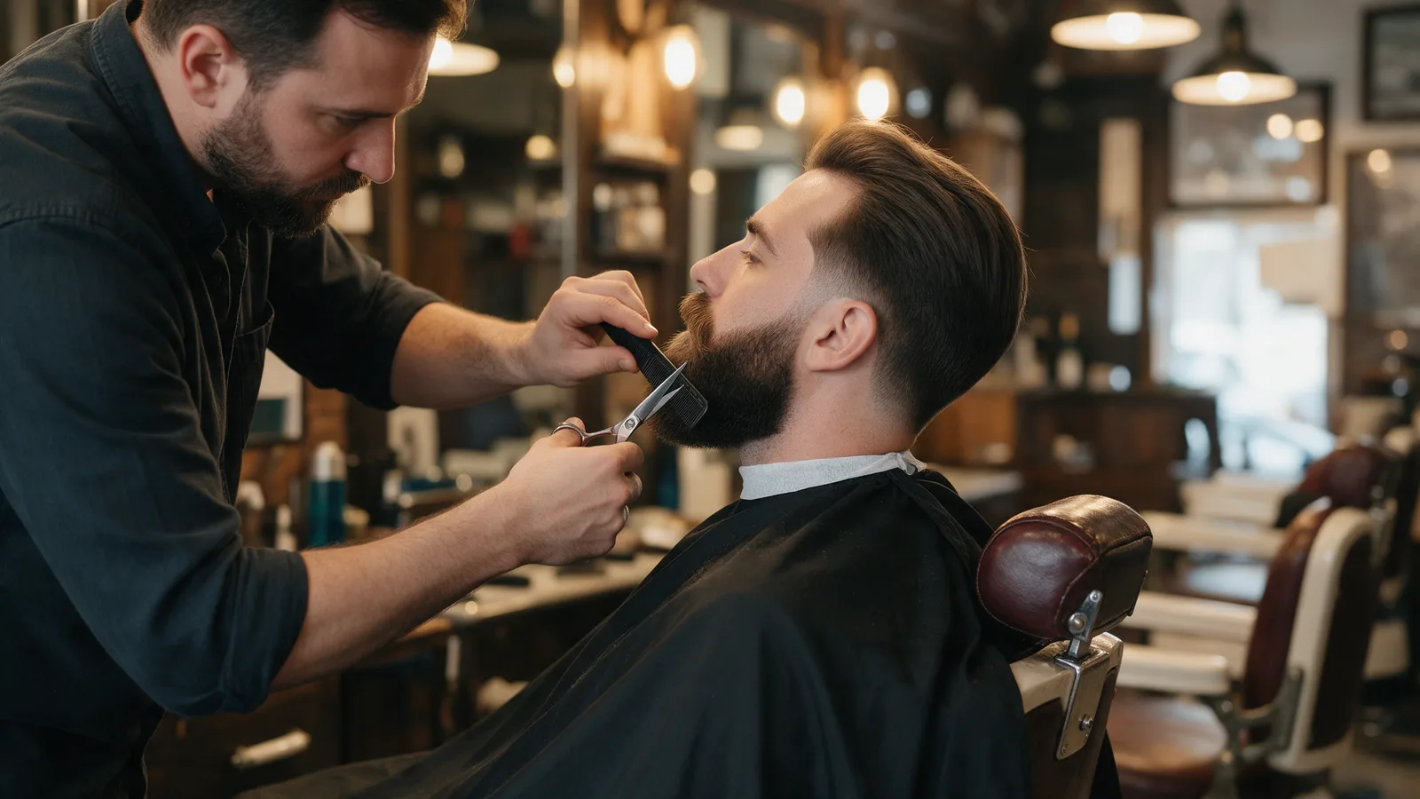 A barber trimming a bearded man's beard with scissors and a comb, shaping the line
