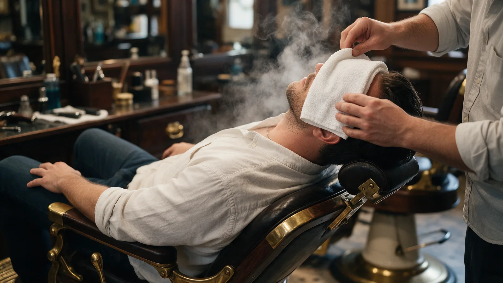 A man reclined in a vintage barber chair with a steaming white towel over his face