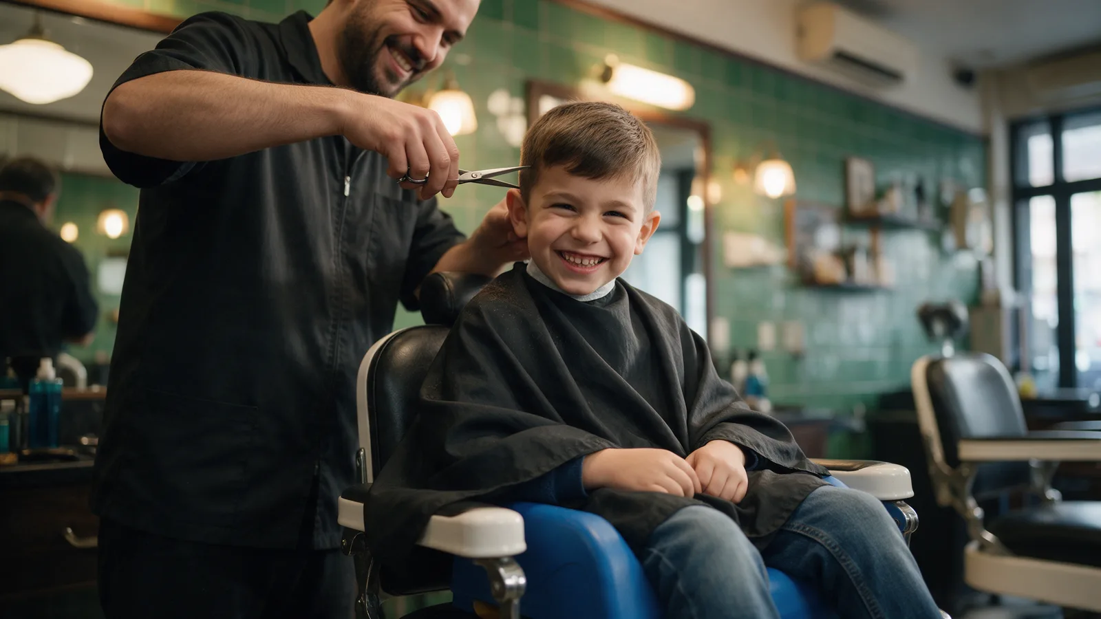 A boy of about eight on a booster seat in a barber chair getting a neat scissor cut and grinning