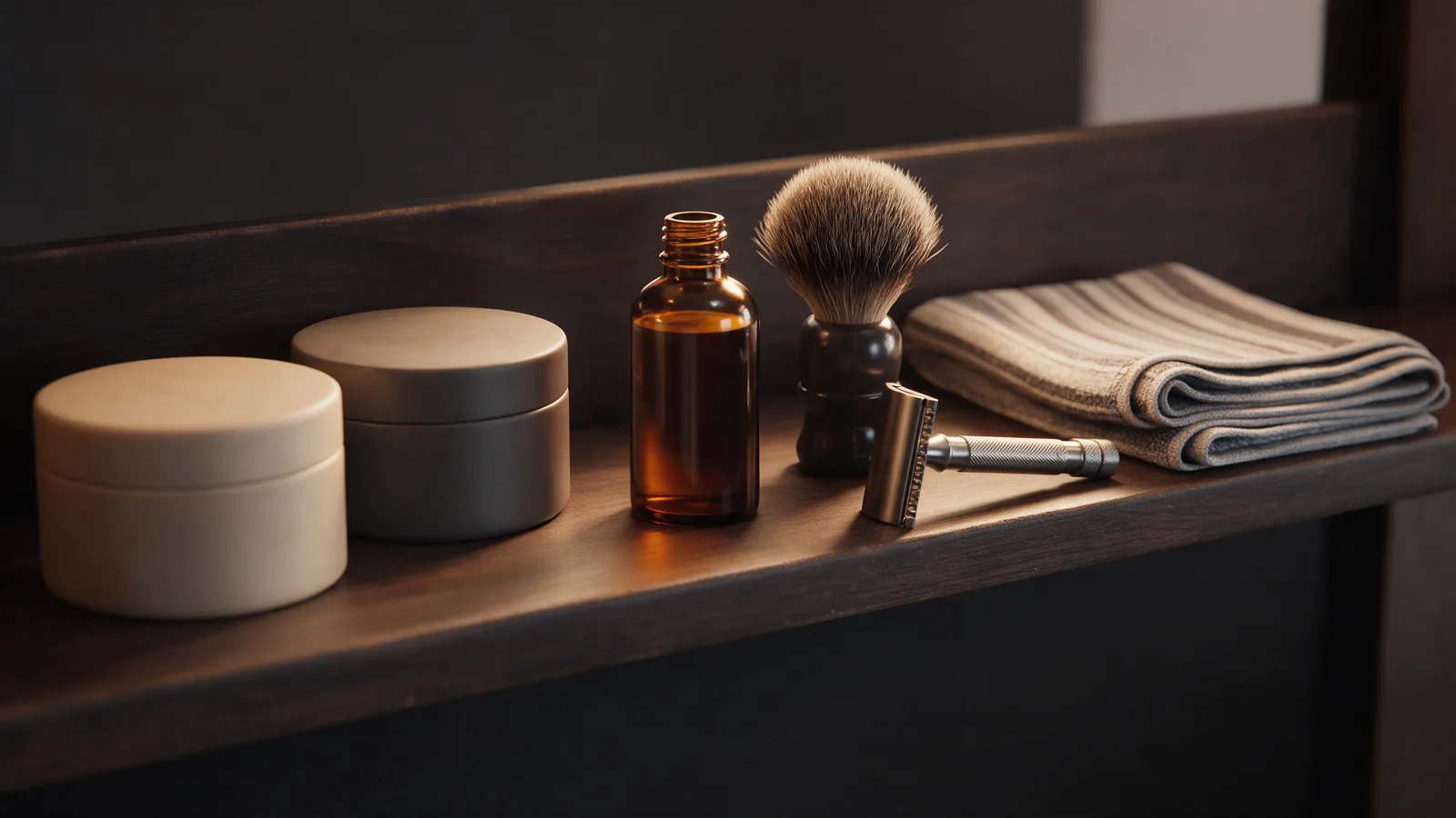 Barber products on a dark wooden shelf: clay pomade tins, beard oil, a badger brush, a safety razor and a folded towel