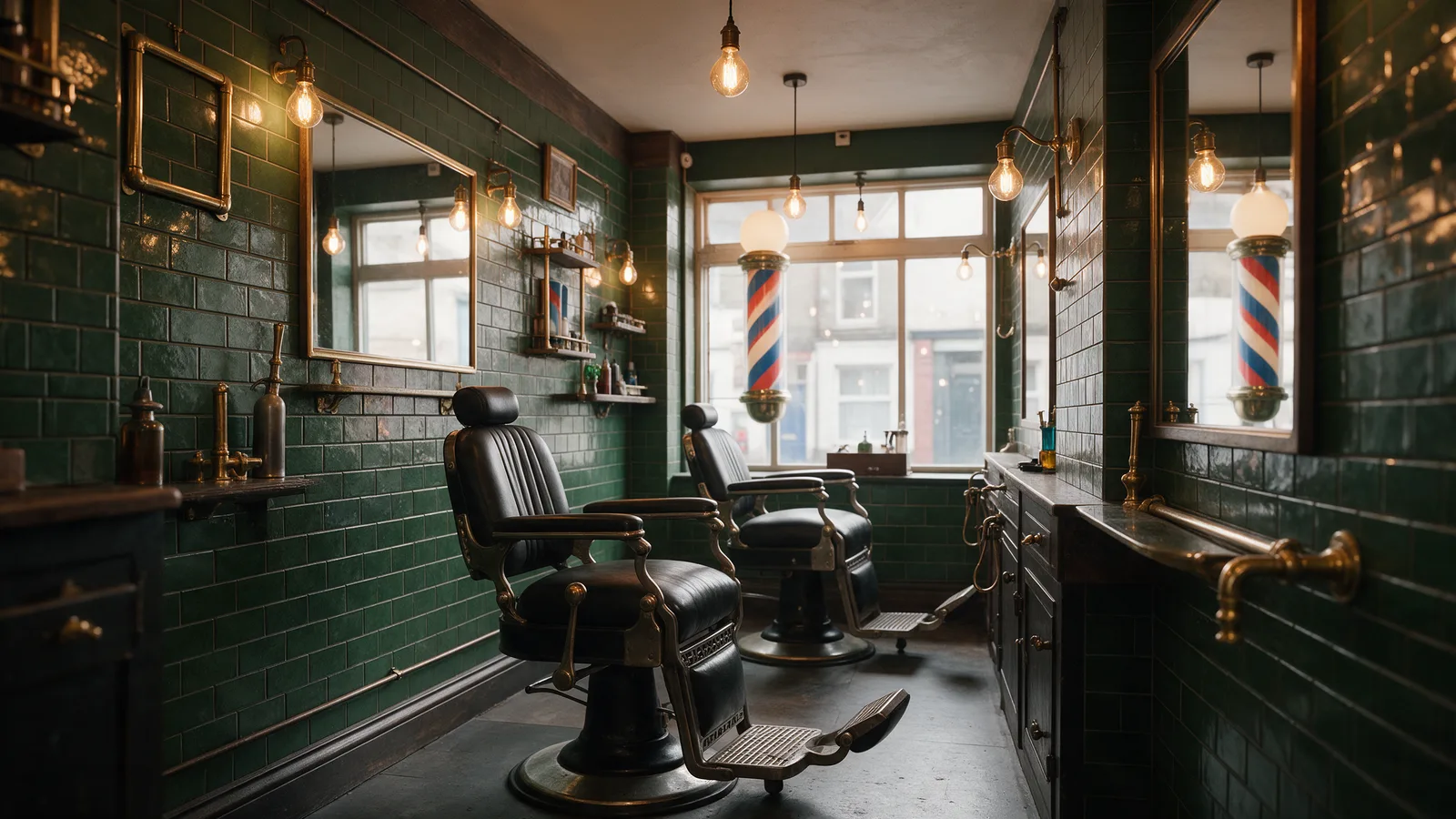 The barbershop: dark green tiled walls, two vintage black leather barber chairs, brass fittings and a striped pole in the window