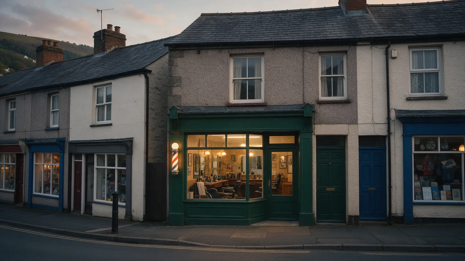 The dark green barbershop frontage on Taff Street at dusk with a lit striped barber pole