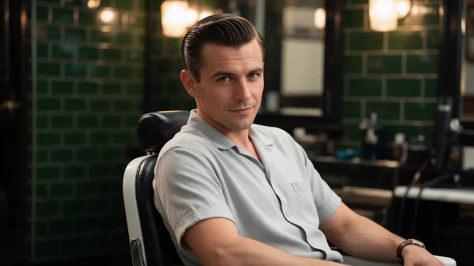 A man with a classic slicked-back side parting and a clean shave in a barber chair