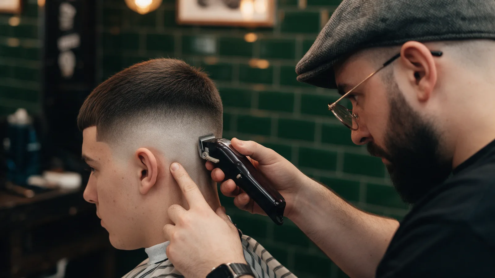 A barber doing a skin fade with clippers on the side of a young man's head