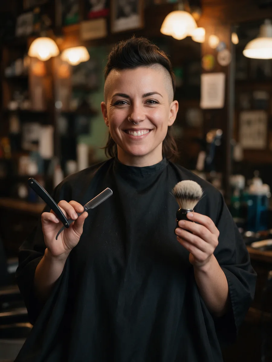 Bethan Rees with a shaved undercut holding a straight razor and a shaving brush