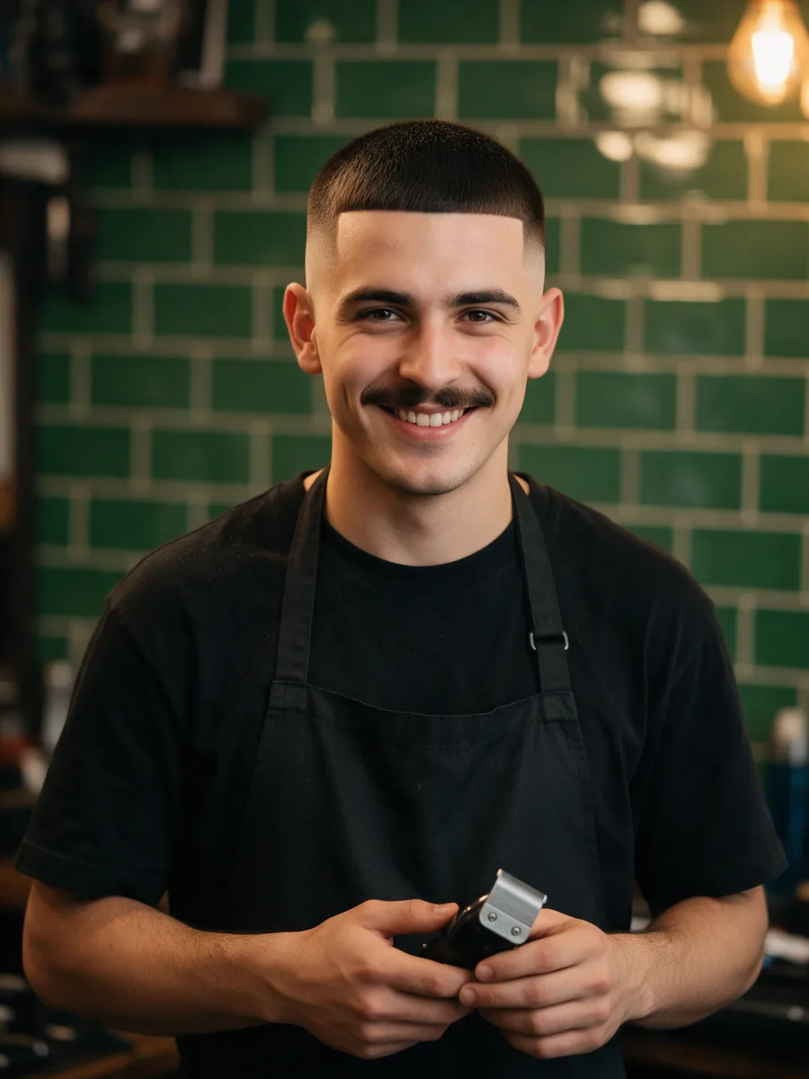Kai Morgan with a sharp fade and a moustache holding clippers and grinning