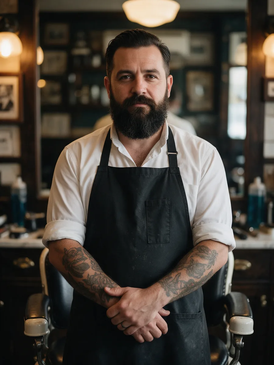Rhodri Evans with a full beard and tattooed forearms, arms folded in front of a vintage barber chair