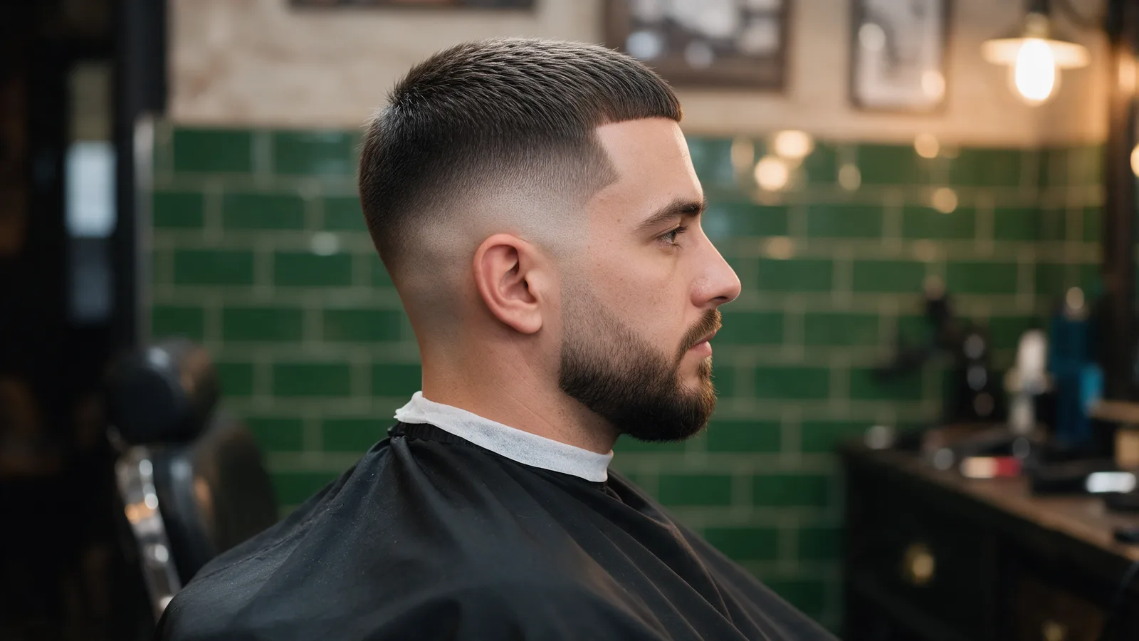 A man with a sharp textured crop haircut and a neat beard photographed from the side in a barber chair