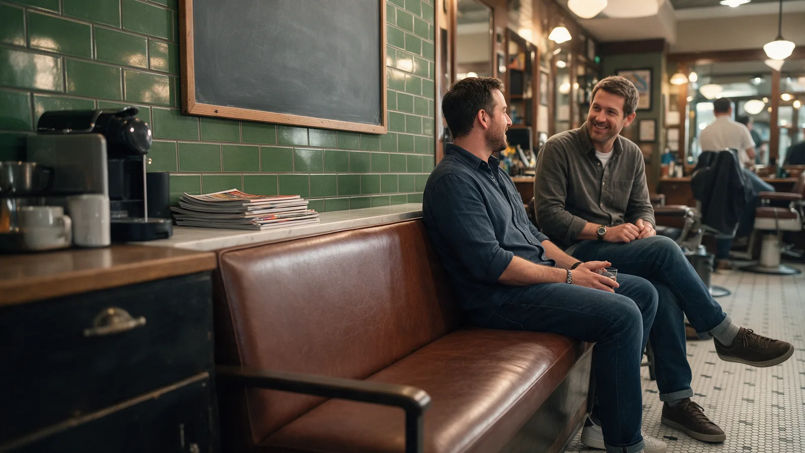The barbershop waiting bench against green tiles with magazines, a coffee machine and two men chatting
