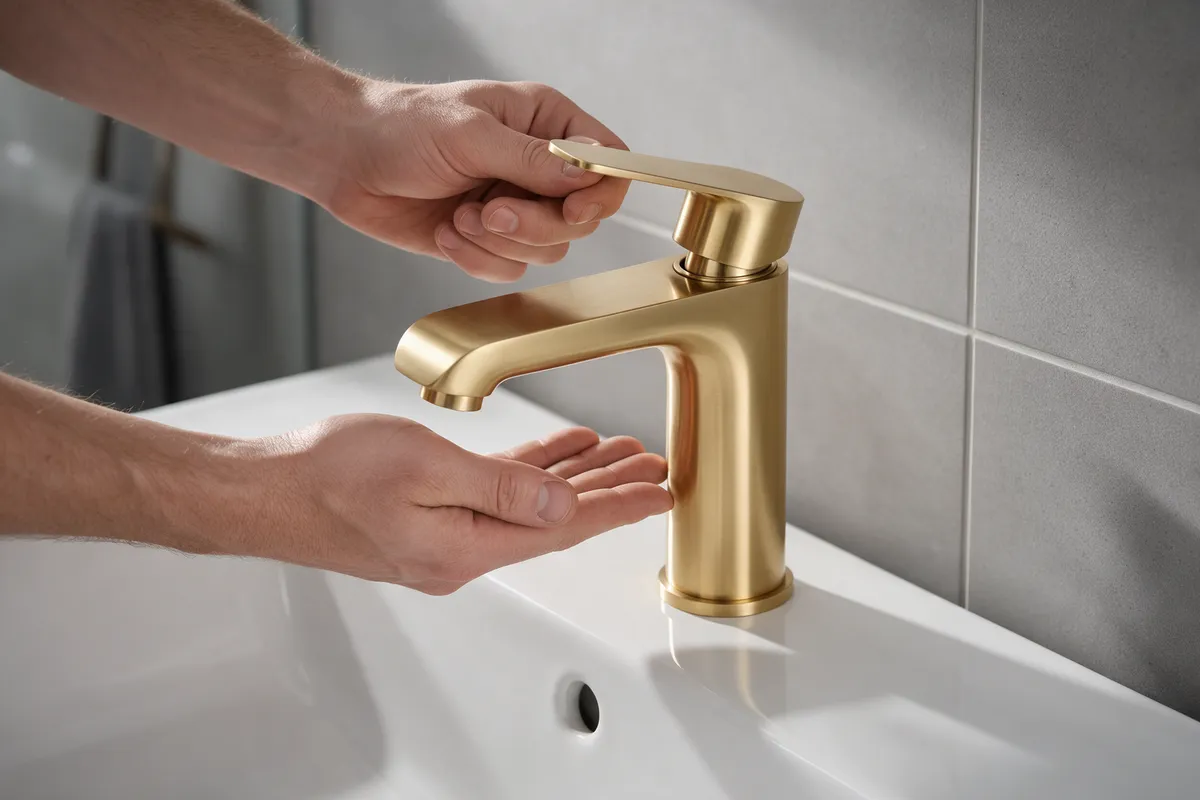A brushed brass basin tap being fitted in a modern bathroom