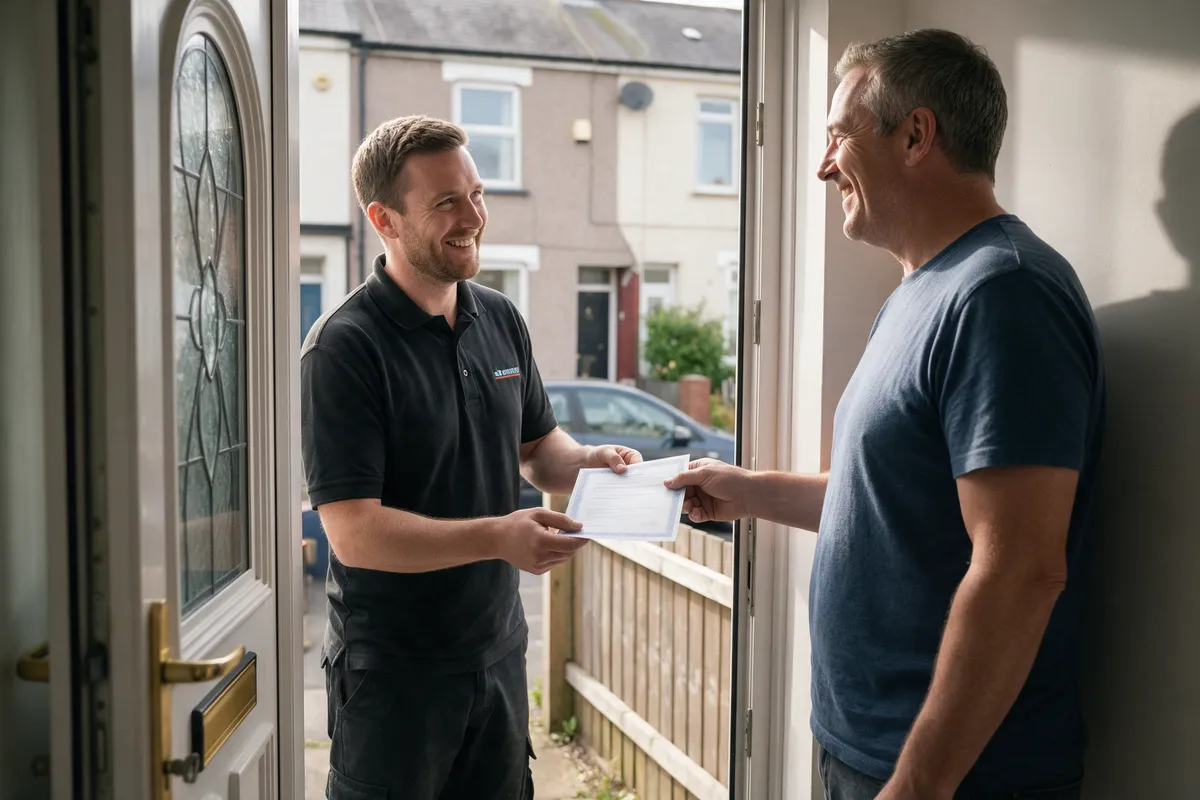 An engineer handing a printed certificate to a homeowner at the front door