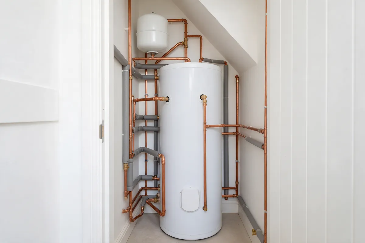 A newly installed unvented hot water cylinder with insulated pipework in an airing cupboard