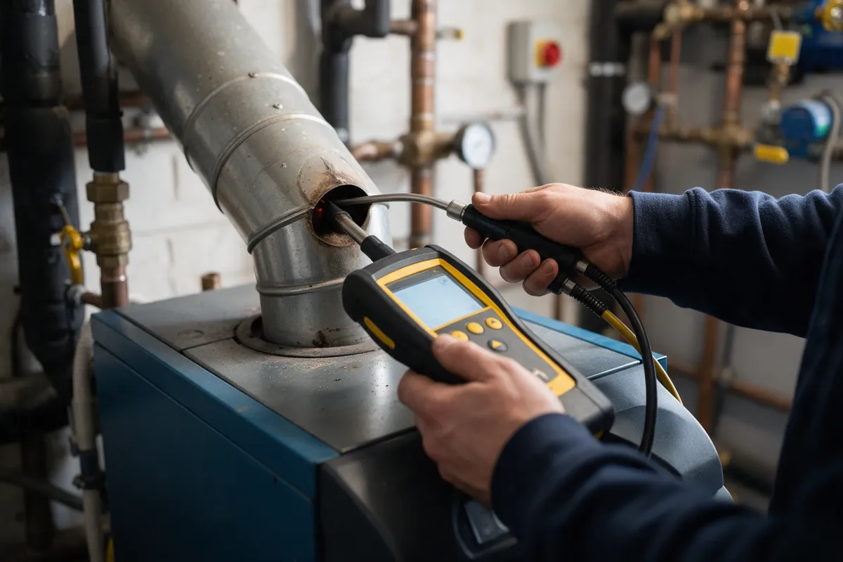An engineer using a flue gas analyser probe on a boiler flue